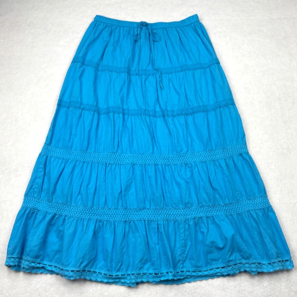 ICI Turquoise Blue Cotton Tiered Maxi Skirt Crochet Lace Trim Plus Size 1X Boho‎